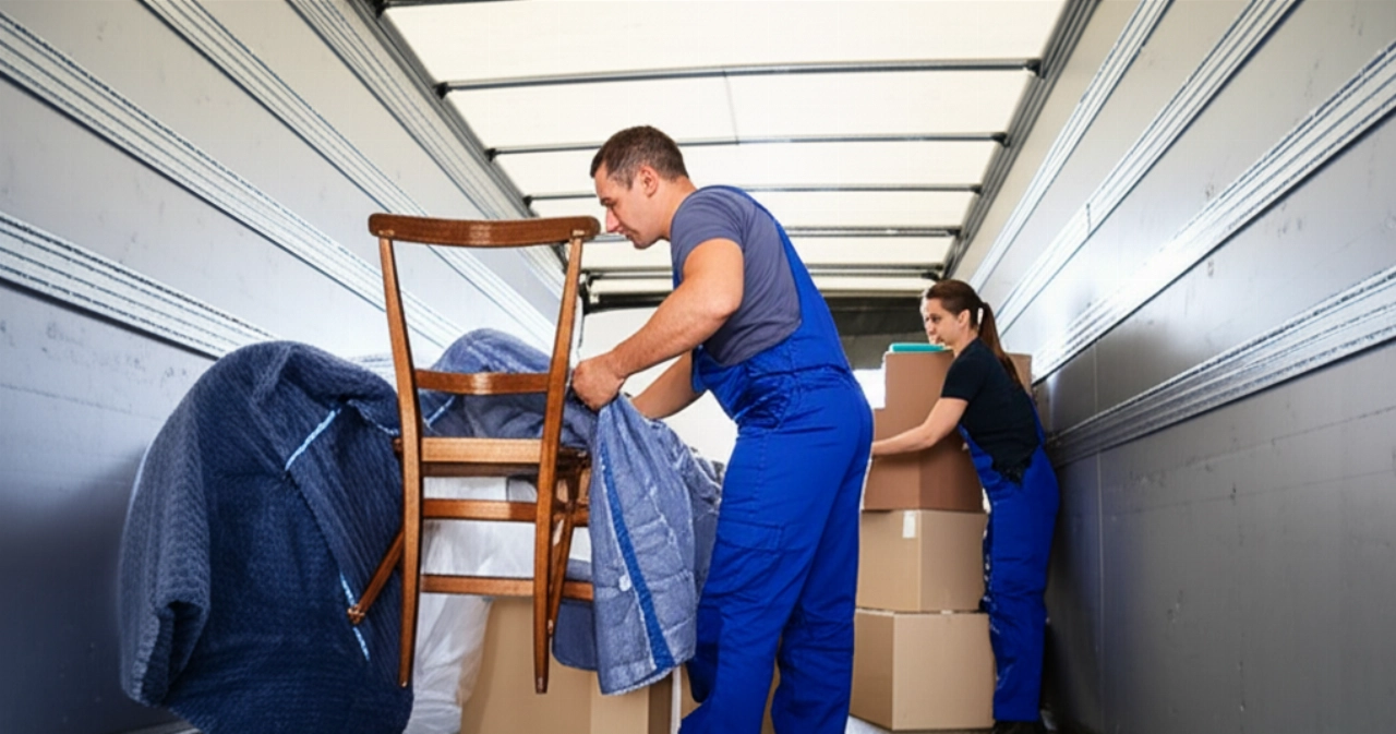 Professionelle kaukasische Umzugsunternehmen, die Möbel verpacken und Kartons in einem Lastwagen oder Lager kennzeichnen.