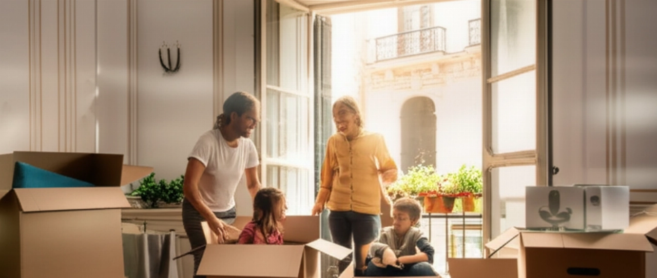 Glückliche kaukasische Familie packt in einer hellen spanischen Wohnung aus, mit Kartons und Sonnenlicht, das durch das Fenster strömt.