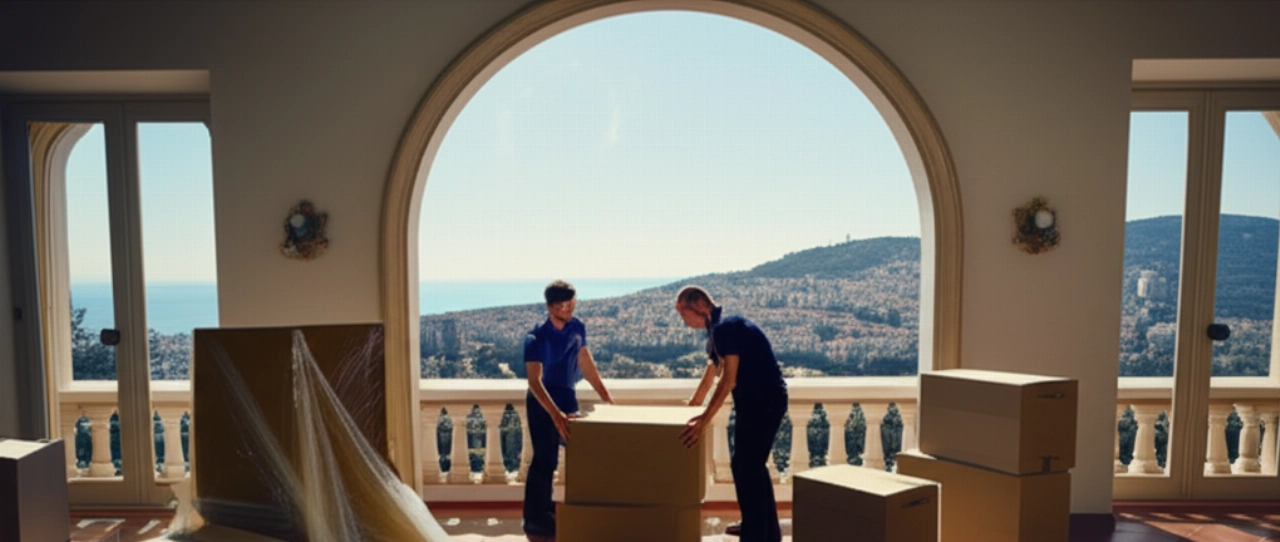 Professionelle kaukasische Umzugshelfer arbeiten in einem eleganten spanischen Haus, mit Panoramablick auf eine spanische Küstenstadt.