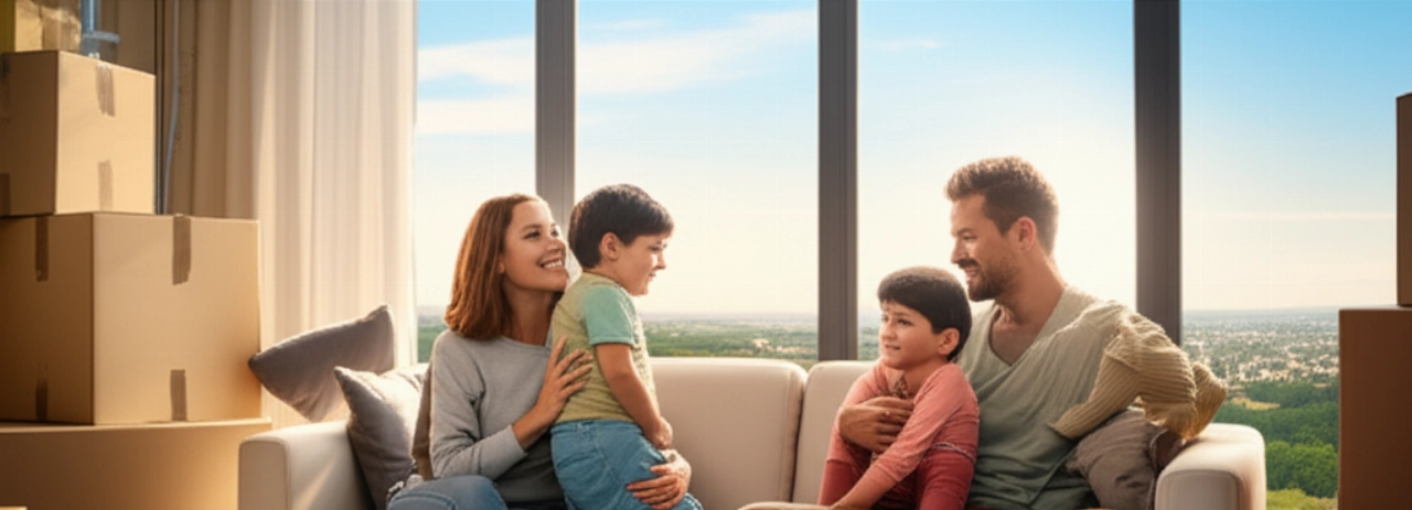 Eine glückliche kaukasische Familie entspannt sich in ihrem neuen Wohnzimmer, mit Umzugskartons und einem atemberaubenden Blick auf die italienische Landschaft aus dem Fenster.