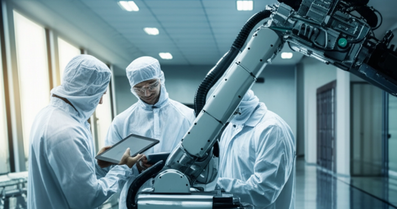 Modernste Industrietechnologie, vorbereitet für den Umzug in einer sauberen Umgebung, mit kaukasischen Technikern, die letzte Kontrollen durchführen.