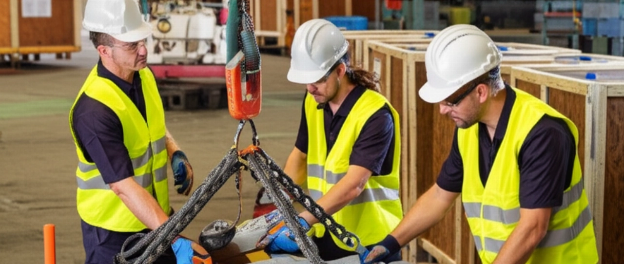 Team kaukasischer Spezialisten, die zusammenarbeiten, um ein schweres Bauteil zu sichern, was Sicherheit und Teamwork in einem industriellen Ladebereich demonstriert.