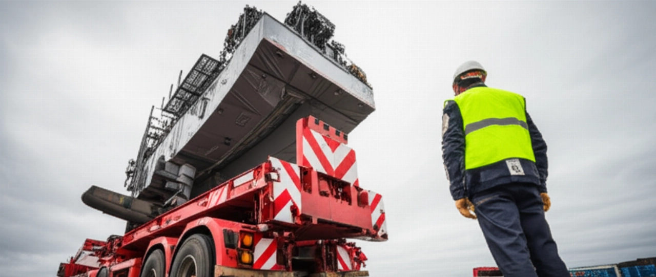 Riesige Industriemaschine auf einen Speziallastwagen für den nationalen Transport verladen.