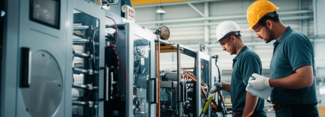 Ingenieure und Techniker überwachen den Wiederzusammenbau von Industriemaschinen in einer neuen Fabrik.