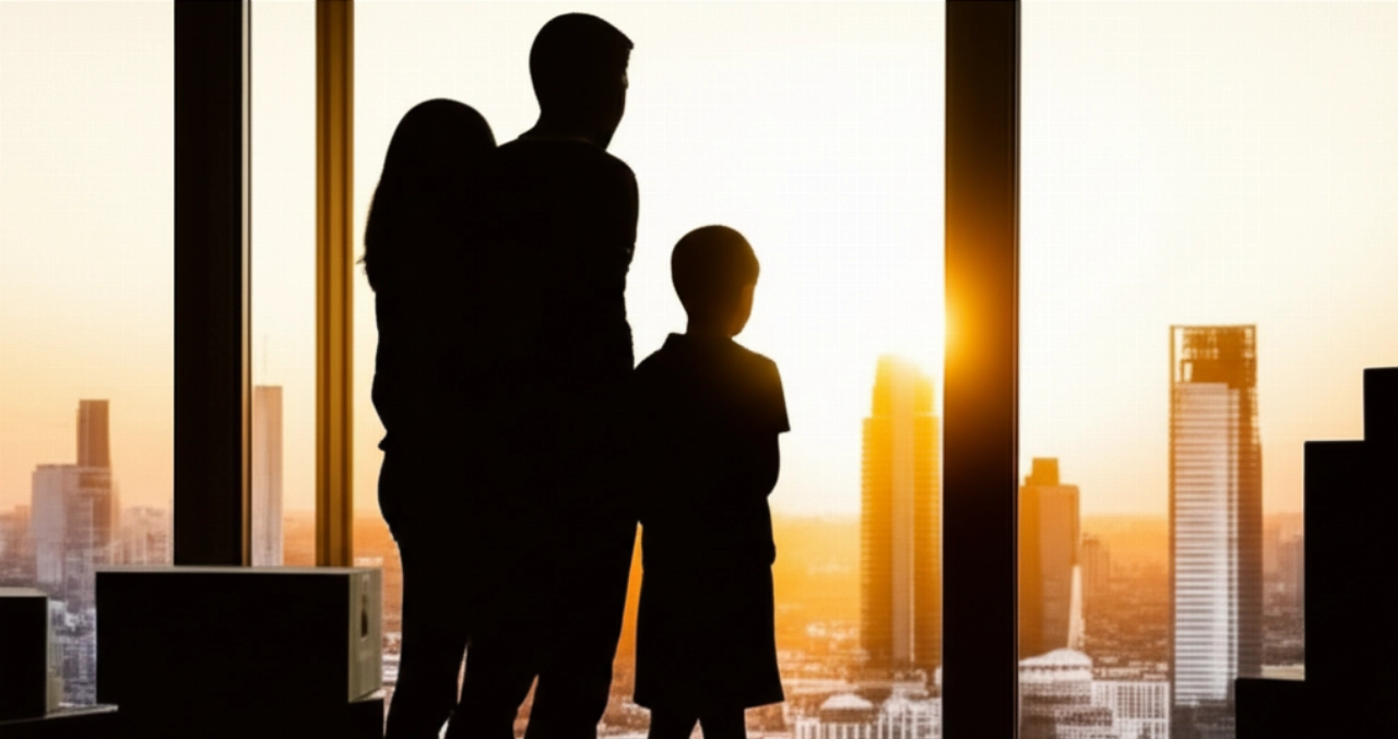 Kaukasische Familie blickt aus dem Fenster auf eine neue urbane Skyline, mit Umzugskartons im Hintergrund, die einen Neuanfang andeuten.