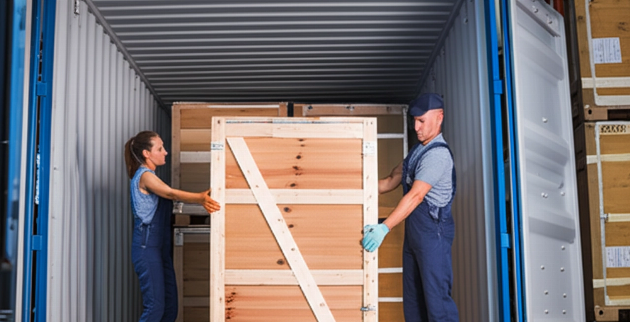 Professionelle kaukasische Umzugsunternehmen laden sorgfältig eine Kiste in einen internationalen Versandcontainer, in einer organisierten Umgebung.