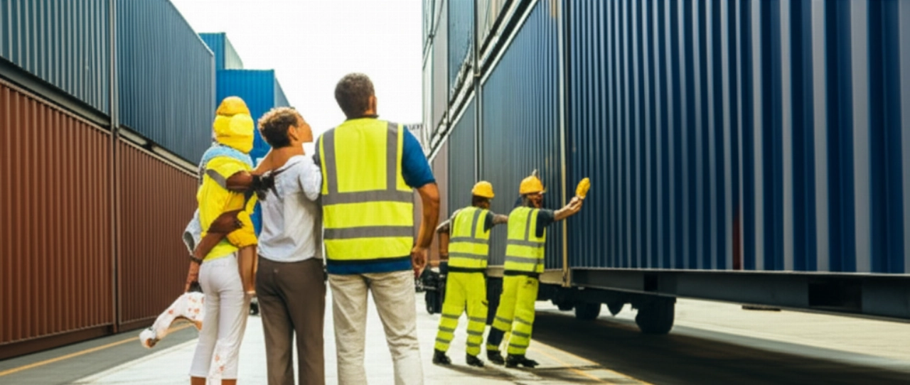 Kaukasische Familie beobachtet, wie ihr Container in einem internationalen Hafen verladen wird, was die Sorgfalt beim Umzug hervorhebt.
