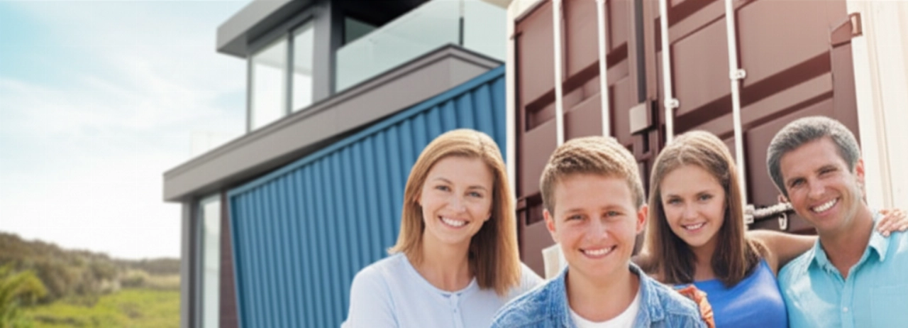 Glückliche kaukasische Familie, während ihr Container in ihrem neuen Zuhause im Ausland entladen wird, Symbol für einen Neuanfang.