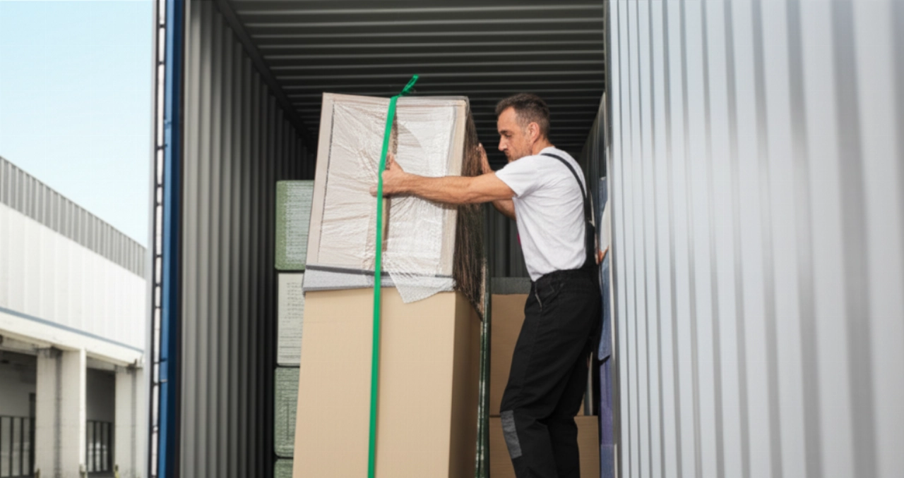Professioneller kaukasischer Umzugsmitarbeiter lädt eine Kiste in einen internationalen Seecontainer, in einer sauberen Umgebung.