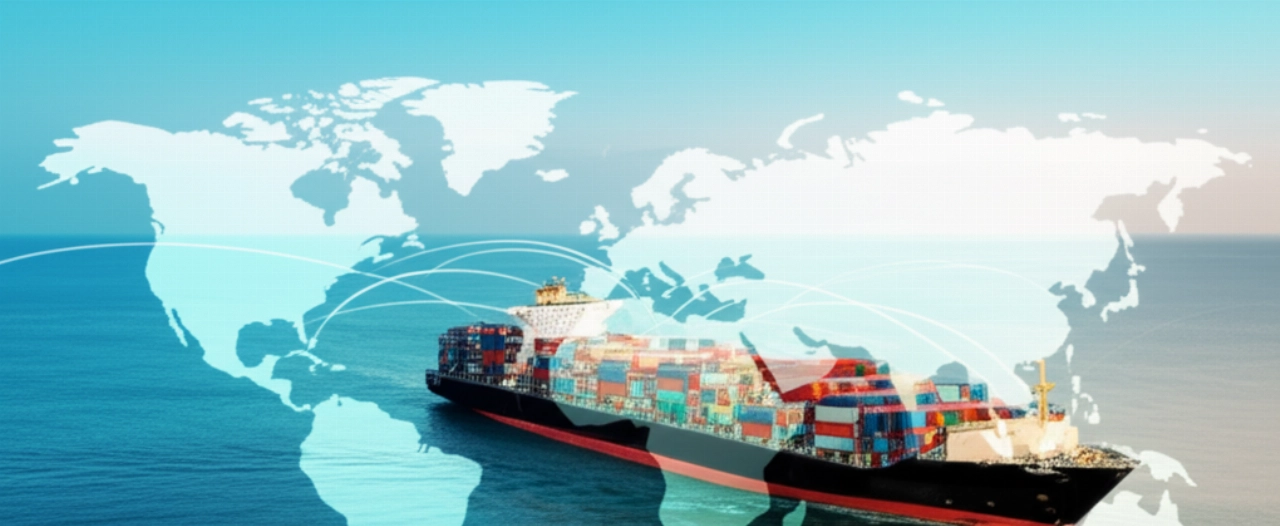 Frachtschiff mit Containern überquert den Ozean, mit einer überlagerten Weltkarte, die eine internationale Route zeigt.