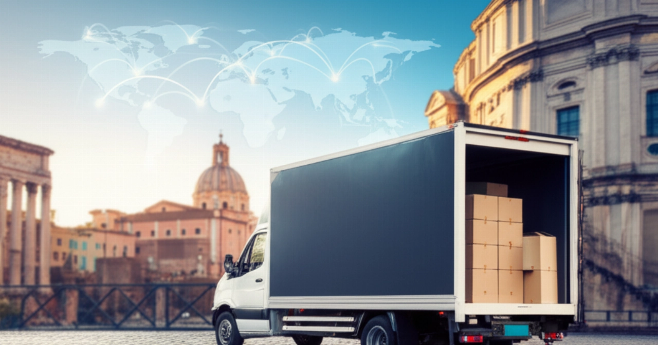 Professioneller internationaler Umzugswagen, geparkt in einer historischen römischen Straße, mit einer stilisierten Weltkarte, die die globale Reichweite symbolisiert.