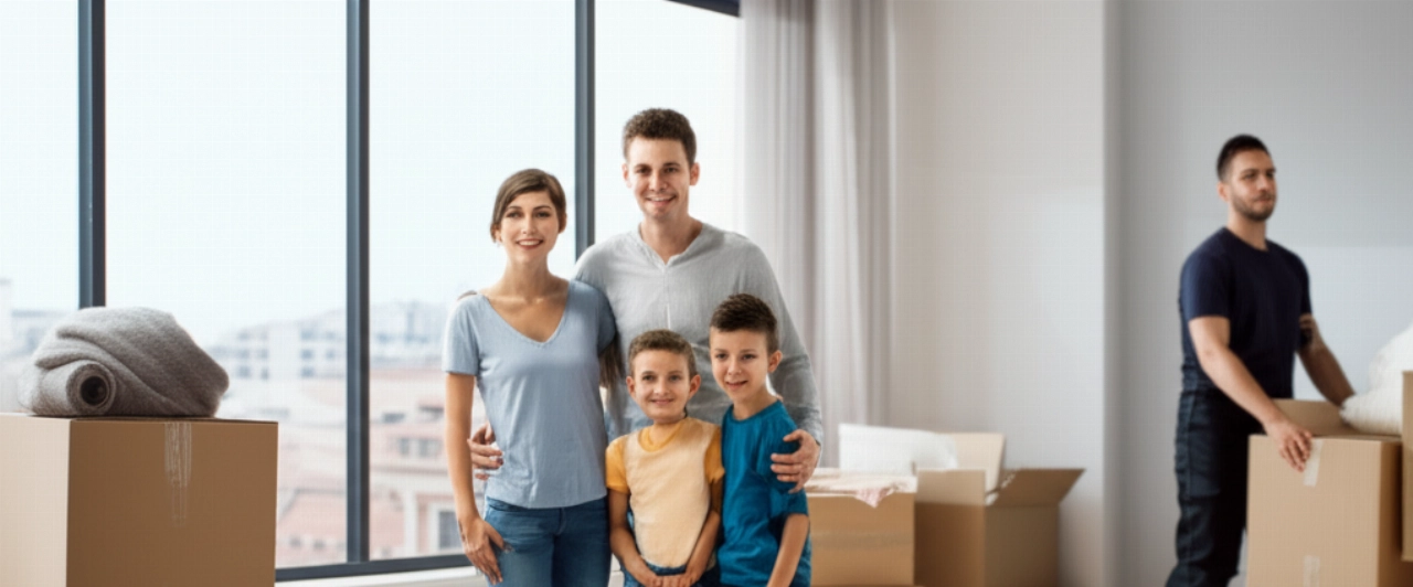 Glückliche und entspannte kaukasische Familie in einem neuen Zuhause, mit teilweise geöffneten Umzugskartons, die einen reibungslosen Start nach einem internationalen Umzug symbolisieren.
