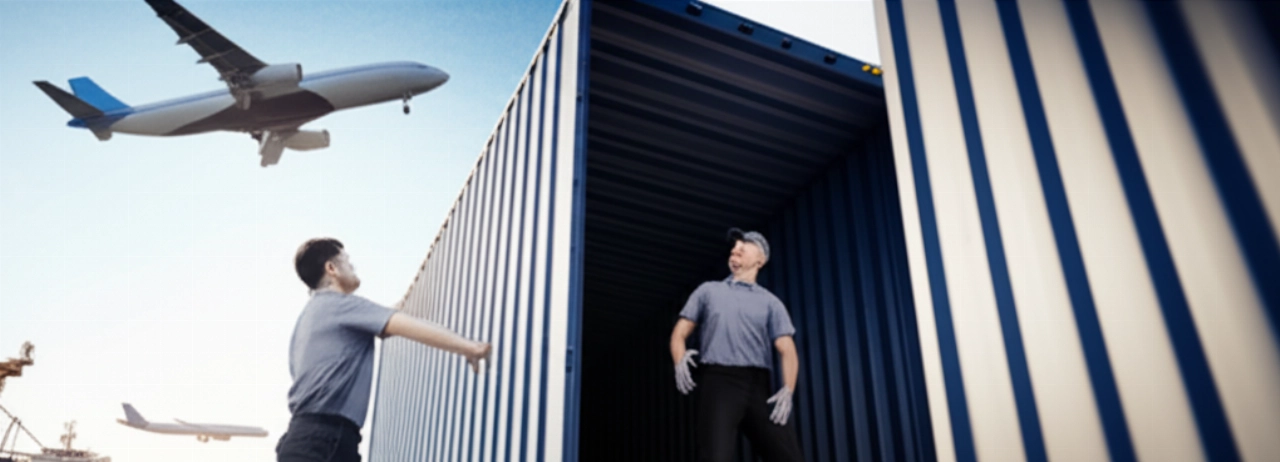 Professionelle kaukasische Umzugshelfer verladen sorgfältig einen Container in einem internationalen Hafen, was effiziente und kostengünstige internationale Umzüge symbolisiert.