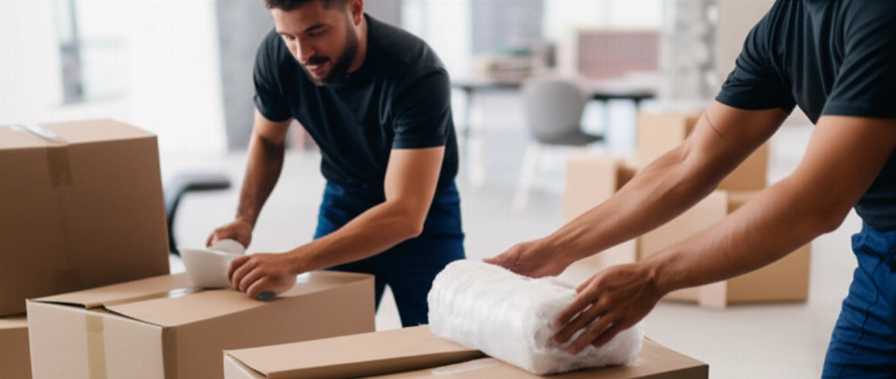 Zwei professionelle kaukasische Umzugsunternehmen verpacken sorgfältig zerbrechliche Gegenstände in stabilen Kartons in einem modernen Haus.