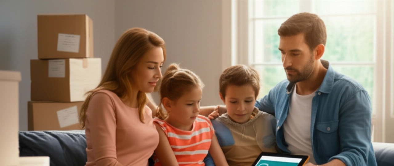 Eine kaukasische Familie in einem modernen Wohnzimmer, die ein Tablet für internationale Umzugsangebote konsultiert, mit ordentlich gestapelten Kartons im Hintergrund, was Leichtigkeit und Transparenz symbolisiert.
