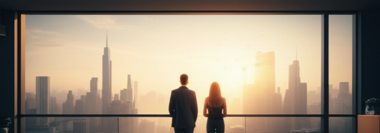 Eine kaukasische Person auf einem Balkon, die bei Sonnenuntergang eine Panoramaaussicht auf eine internationale Stadt bewundert, mit Gepäck, was das Gefühl eines Neuanfangs nach einem Umzug hervorruft.