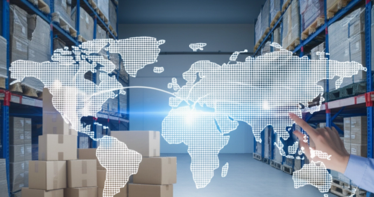 Internationale Umzugskartons mit Etiketten aus Rom in einem Lagerhaus, mit einer Weltkarte, die eine globale Route zeigt, die internationale Logistik symbolisiert.