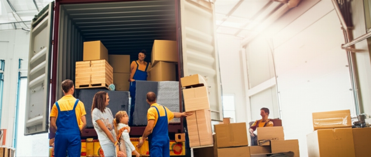 Eine lächelnde kaukasische Familie beobachtet, wie Umzugsunternehmen ihre Habseligkeiten in einem Hafenlager in einen Container laden.