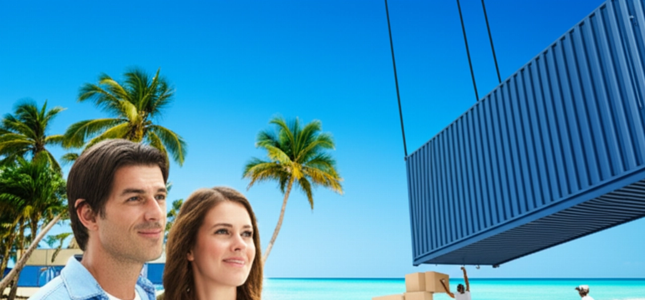 Ein glückliches kaukasisches Paar beobachtet, wie ein Container an einem tropischen Strand entladen wird, symbolisch für einen Neuanfang.