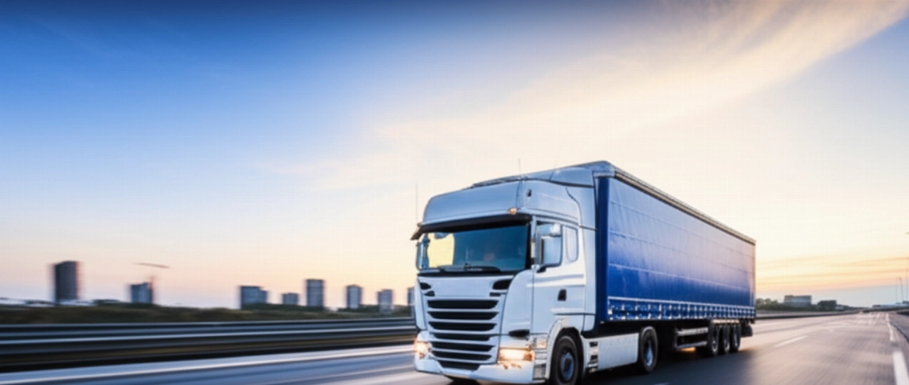 Moderner und sauberer Umzugswagen, der bei Sonnenaufgang auf einer europäischen Autobahn fährt, mit der Skyline einer europäischen Stadt im Hintergrund, als Symbol für einen internationalen Umzug.