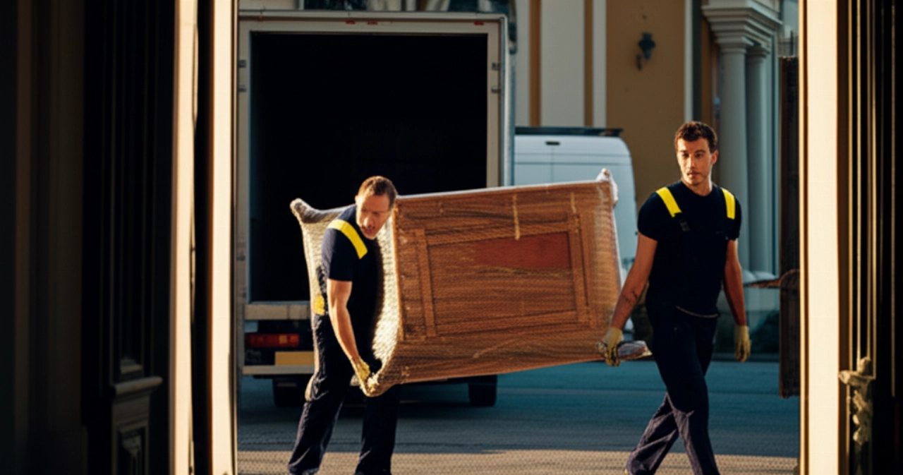 Professionelle kaukasische Umzugshelfer, die sorgfältig wertvolle Möbel aus einer italienischen Villa verladen, was einen internationalen Umzugsservice zwischen Italien und Europa symbolisiert.