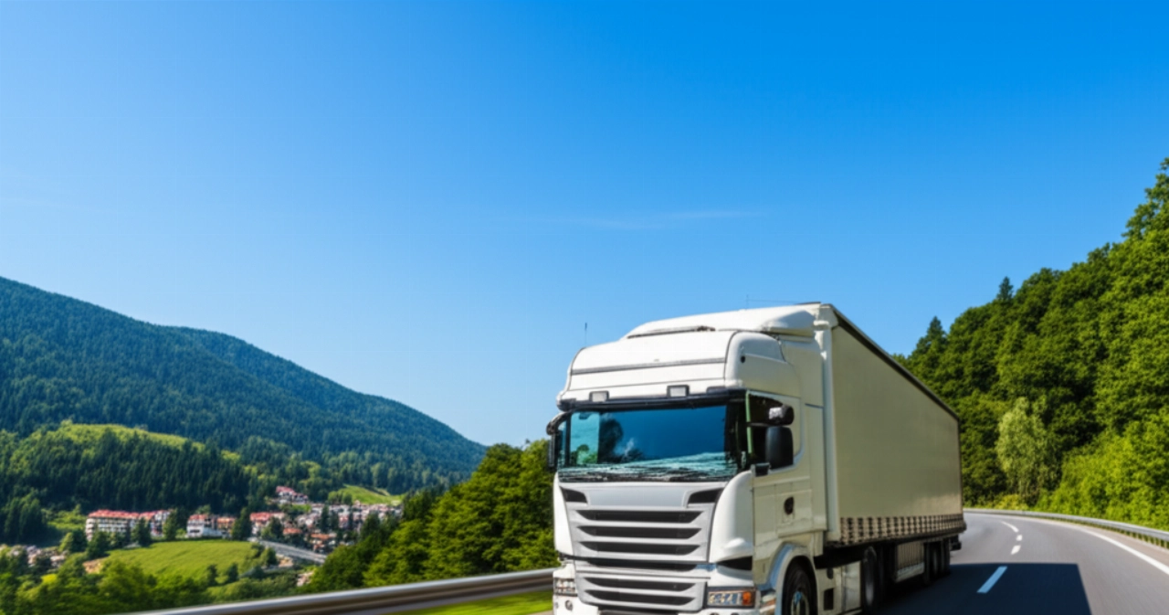 Ein großer weißer Umzugswagen fährt auf einer europäischen Autobahn durch eine grüne und malerische Berglandschaft, was eine internationale Reise symbolisiert.