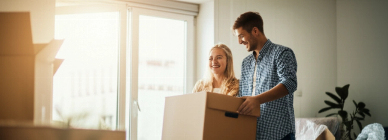 Ein glückliches kaukasisches Paar packt Kartons in ihrem neuen modernen und hellen Zuhause aus, wobei Sonnenlicht durch ein großes Fenster einfällt.