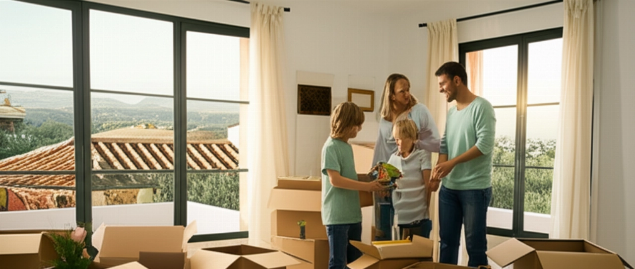 Eine lächelnde kaukasische Familie packt Kartons in einem hellen Wohnzimmer ihres neuen Zuhauses in Spanien aus, mit Blick auf eine spanische Stadt.
