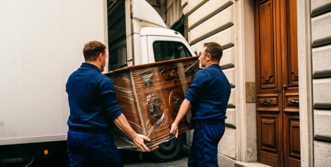 Zwei professionelle kaukasische Umzugshelfer tragen vorsichtig ein antikes Möbelstück aus einem italienischen Gebäude zu einem Lastwagen, bei Sonnenuntergang.
