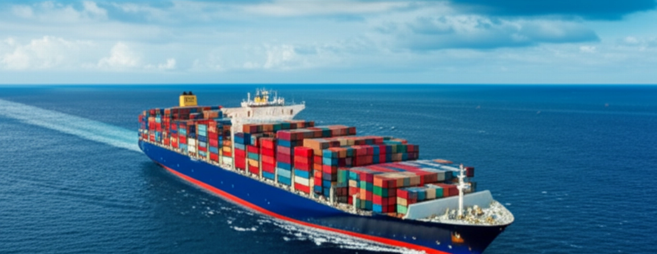 Ein riesiges Containerschiff durchquert einen weiten Ozean und symbolisiert die langen Reisen internationaler Umzüge zwischen Italien und Südamerika.