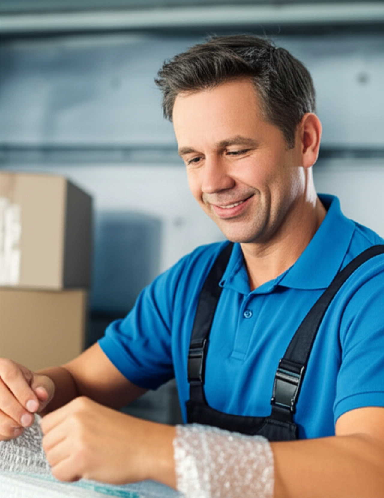 Professioneller kaukasischer Umzugshelfer mit einem beruhigenden Lächeln, der vorsichtig einen zerbrechlichen Gegenstand einpackt, in einer organisierten Umzugslandschaft.