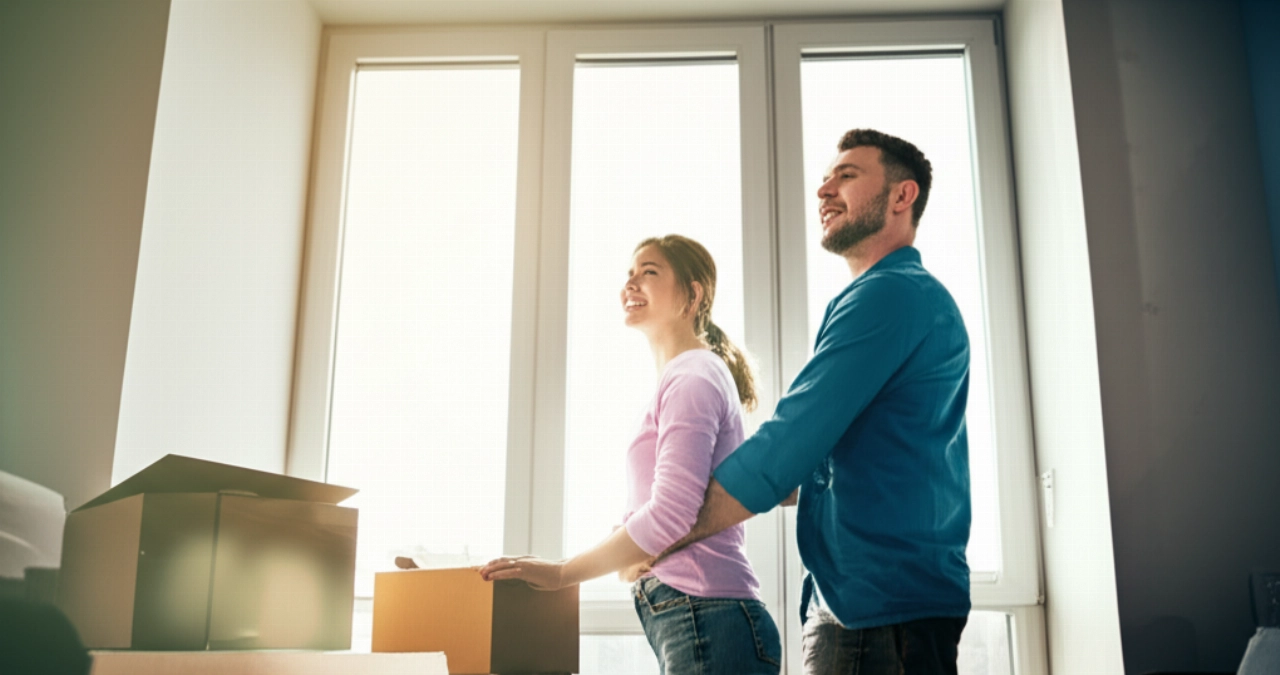 Ein glückliches kaukasisches Paar lächelt in einer neuen, hellen Wohnung, mit teilweise geleerten Kartons, die auf einen kürzlich abgeschlossenen Umzug hindeuten.