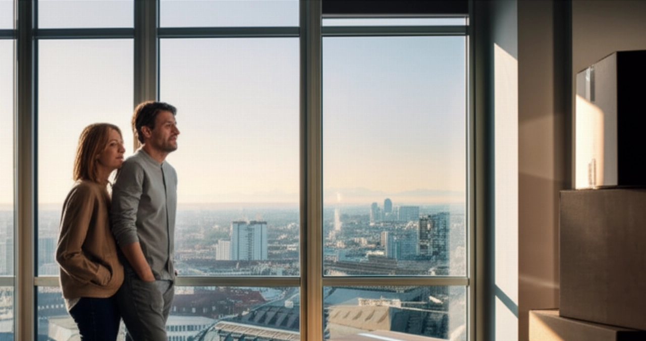Glückliches kaukasisches Paar in einer neuen Wohnung in München, mit Umzugskartons, das die Aussicht genießt.