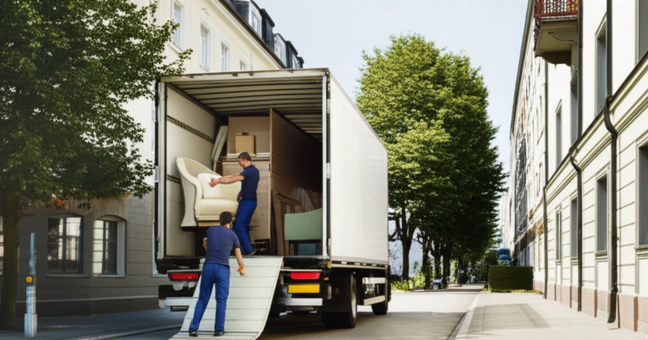Großer moderner Umzugswagen und kaukasische Umzugshelfer, die Möbel auf einer Münchner Straße verladen.