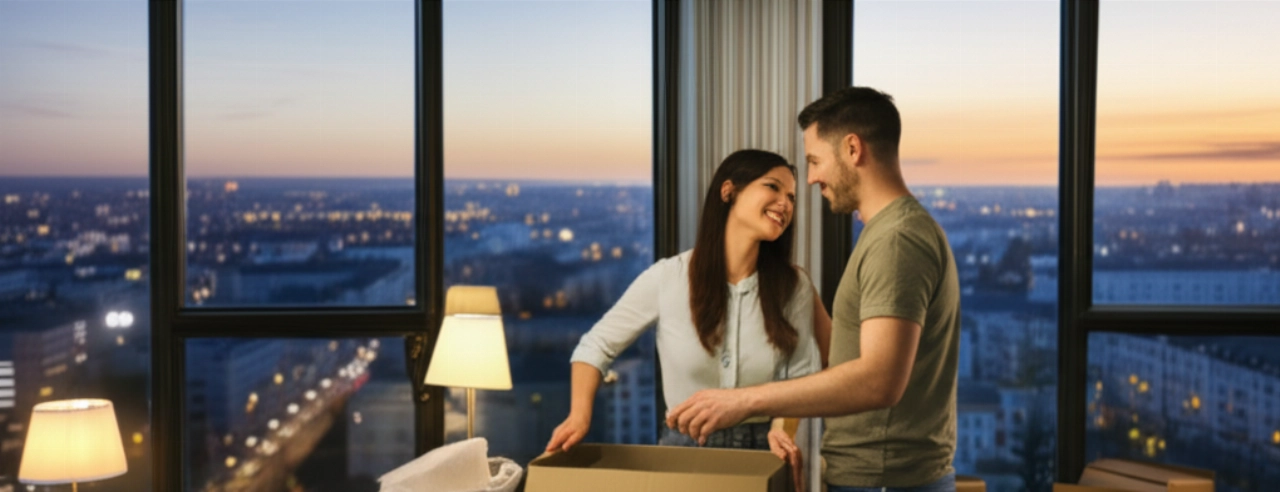 Glückliches kaukasisches Paar packt in einer geräumigen neuen Wohnung aus, mit Blick auf eine europäische Stadtsilhouette.