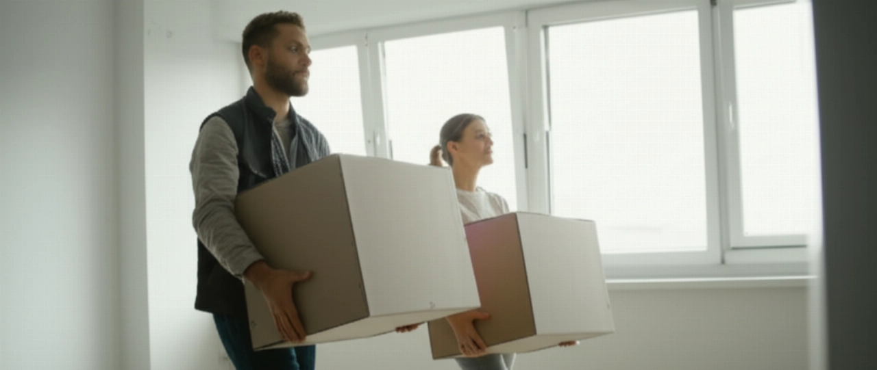 Zwei kaukasische Personen arbeiten effizient zusammen, um Kartons in eine helle neue Wohnung zu tragen, was einen organisierten und reibungslosen Umzug widerspiegelt.
