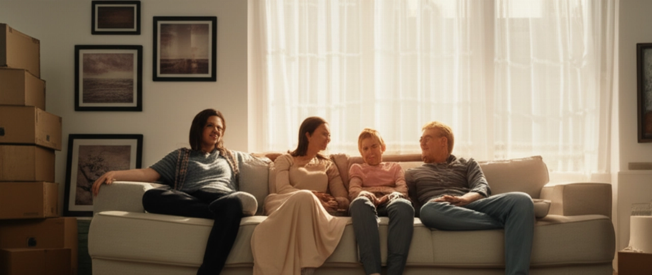 Eine kaukasische Familie entspannt sich glücklich auf dem Sofa in ihrem neuen Wohnzimmer und genießt die Ruhe nach einem erfolgreichen Umzug.