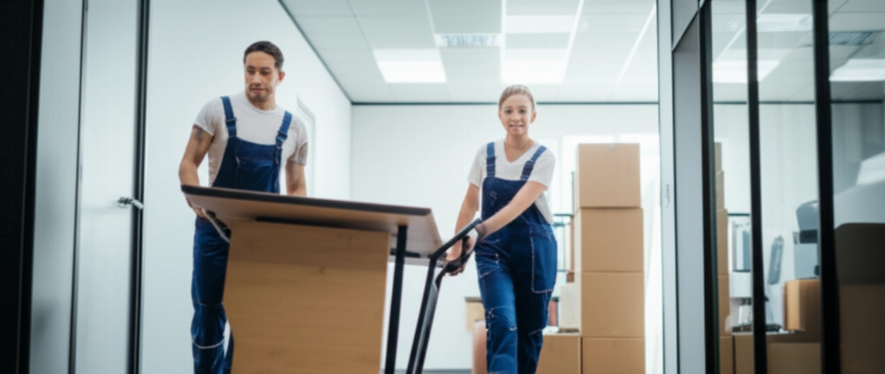 Professionelle kaukasische Umzugsunternehmen, die Büroausstattung transportieren, was einen effizienten Firmenumzug darstellt.