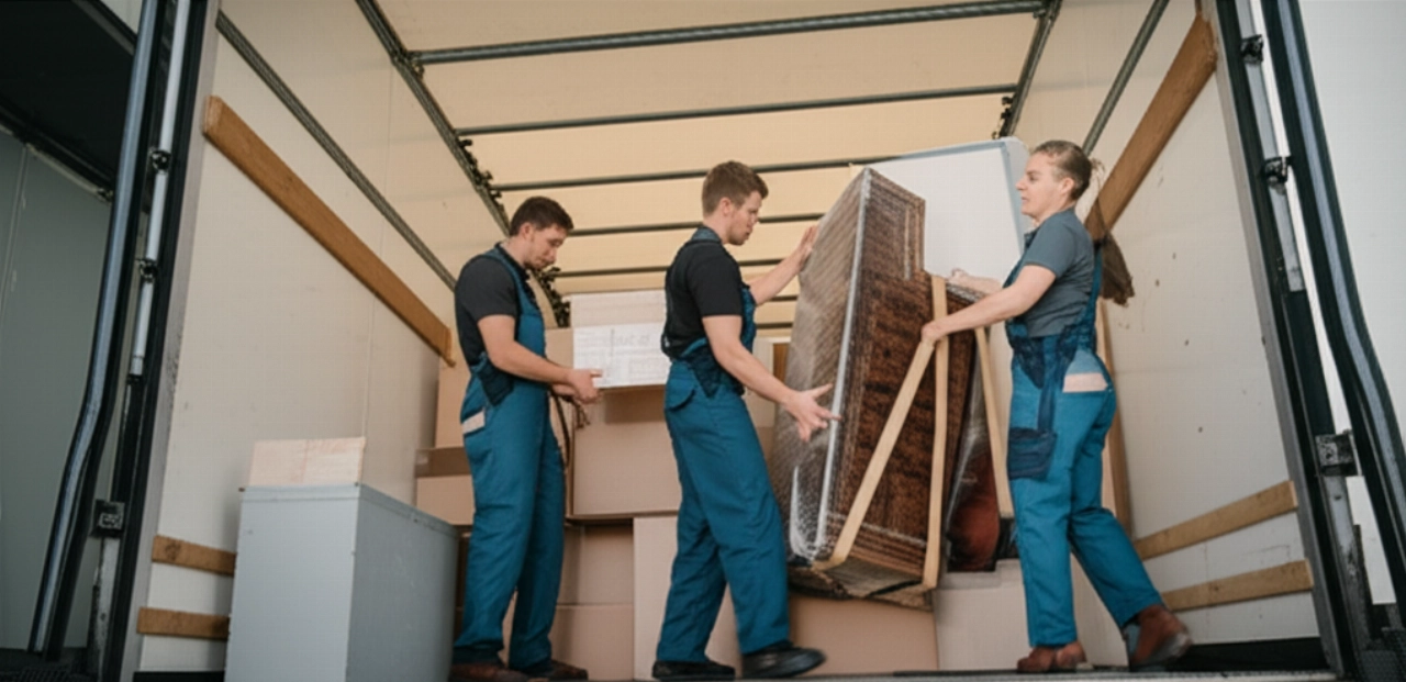 Umzugswagen wird mit gut verpackten Gegenständen beladen, was die Sorgfalt und Organisation bei Umzügen hervorhebt.