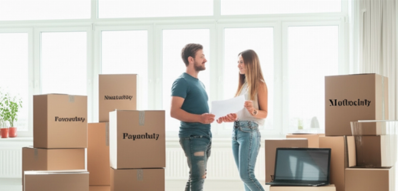 Lächelndes kaukasisches Paar inmitten gut organisierter Umzugskartons, das einen stressfreien Umzugsbeginn darstellt.