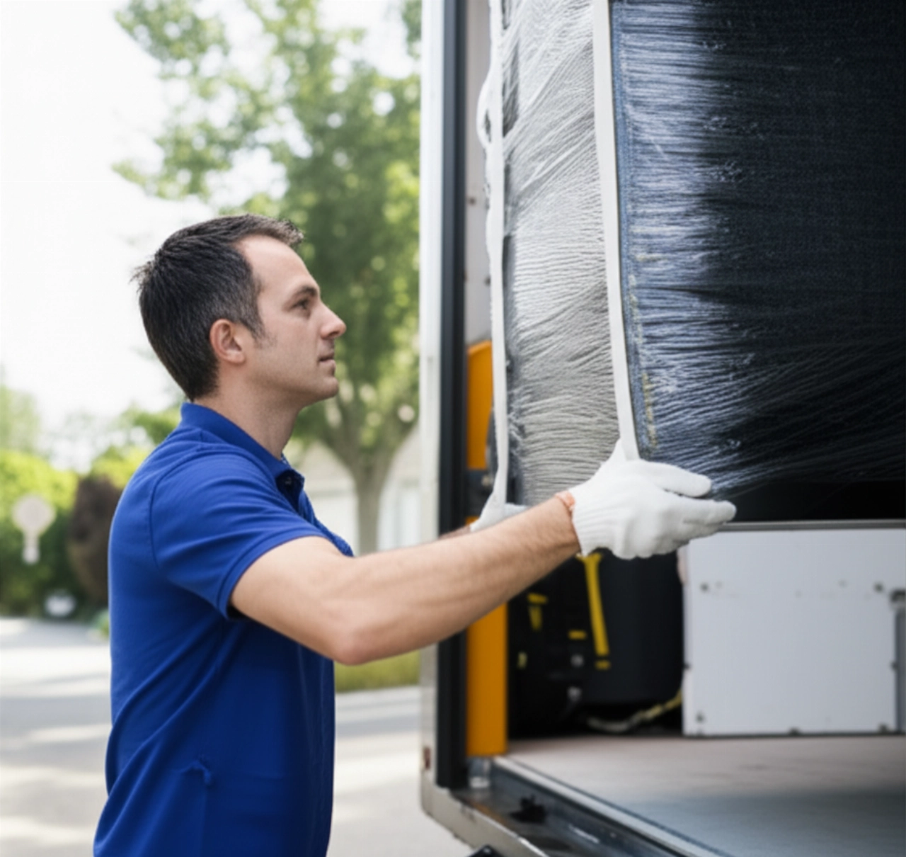 Professioneller kaukasischer Umzugsmitarbeiter lädt Möbel auf einen LKW, was Zuverlässigkeit und Qualität des Services hervorhebt.