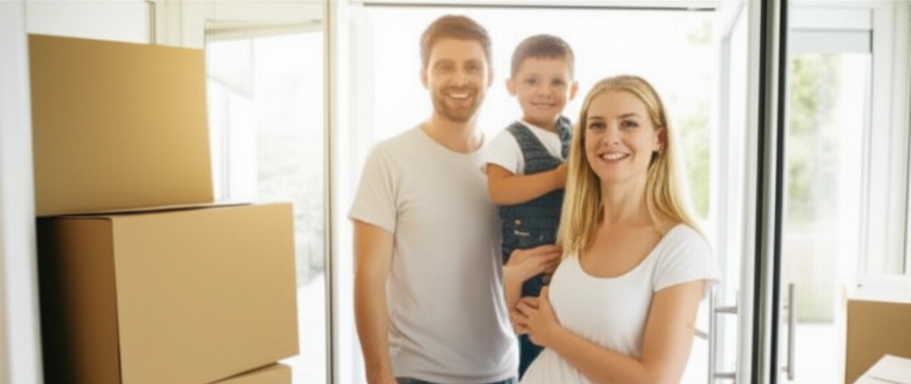Glückliche kaukasische Familie im Türrahmen ihres hellen neuen Zuhauses, mit ordentlich gestapelten Umzugskartons, was einen erfolgreichen und stressfreien Umzug symbolisiert.