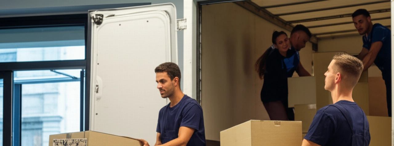 Team professioneller kaukasischer Umzugshelfer lädt Kartons in einen Lastwagen, mit einem Hintergrund, der Rom und Brüssel andeutet.