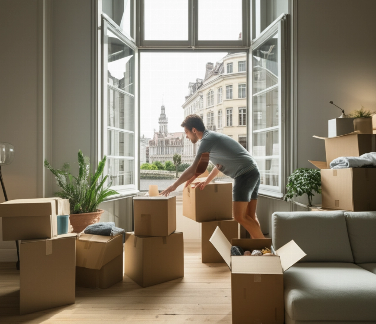 Kaukasische Person packt Kartons in einem modernen Wohnzimmer in Brüssel aus, mit Stadtblick.