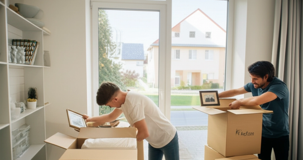 Ein kaukasisches Paar packt sorgfältig Kartons in einem hellen, modernen Wohnzimmer aus, was die Freude eines Neuanfangs nach einem internationalen Umzug symbolisiert.