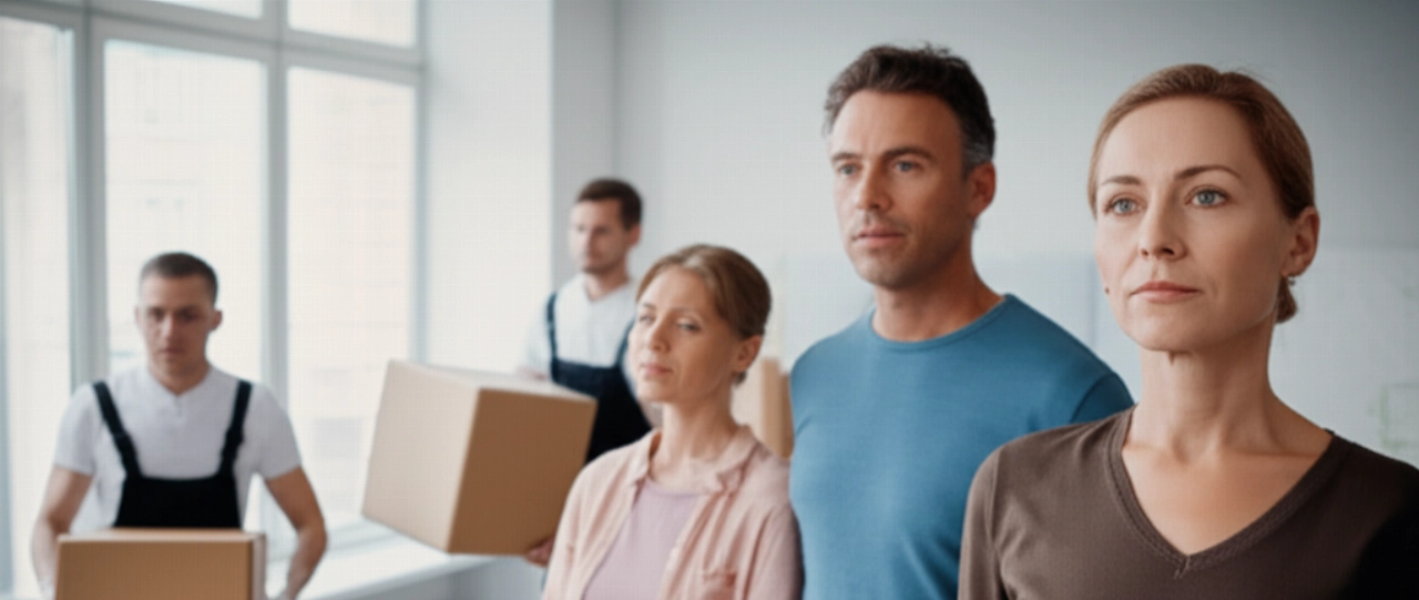 Ein glückliches und erleichtertes kaukasisches Paar beobachtet, wie professionelle Umzugshelfer Kartons in eine helle, moderne Wohnung laden, was einen stressfreien Umzug symbolisiert.