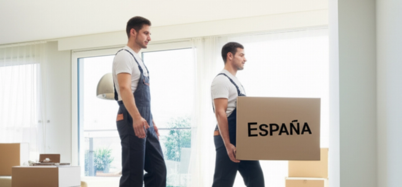 Zwei professionelle kaukasische Umzugshelfer tragen vorsichtig eine mit „España“ beschriftete Kiste aus einem modernen Wohnzimmer.