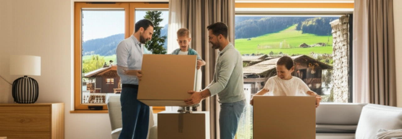 Glückliche kaukasische Familie packt Kartons in einem hellen Schweizer Wohnzimmer aus, symbolisierend einen Neuanfang und die Freude am Zuhause.