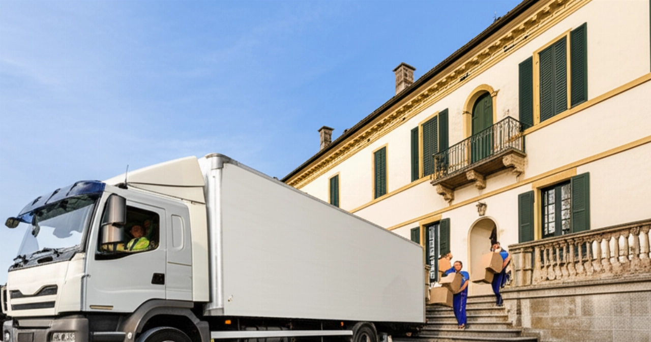 Großer Umzugswagen parkt vor einer historischen Villa in Varese, während Umzugsunternehmen Kartons laden.