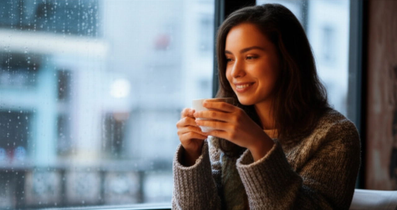 Lächelnde kaukasische Frau trinkt Kaffee in einem gemütlichen Dubliner Café, mit Regen vor dem Fenster.